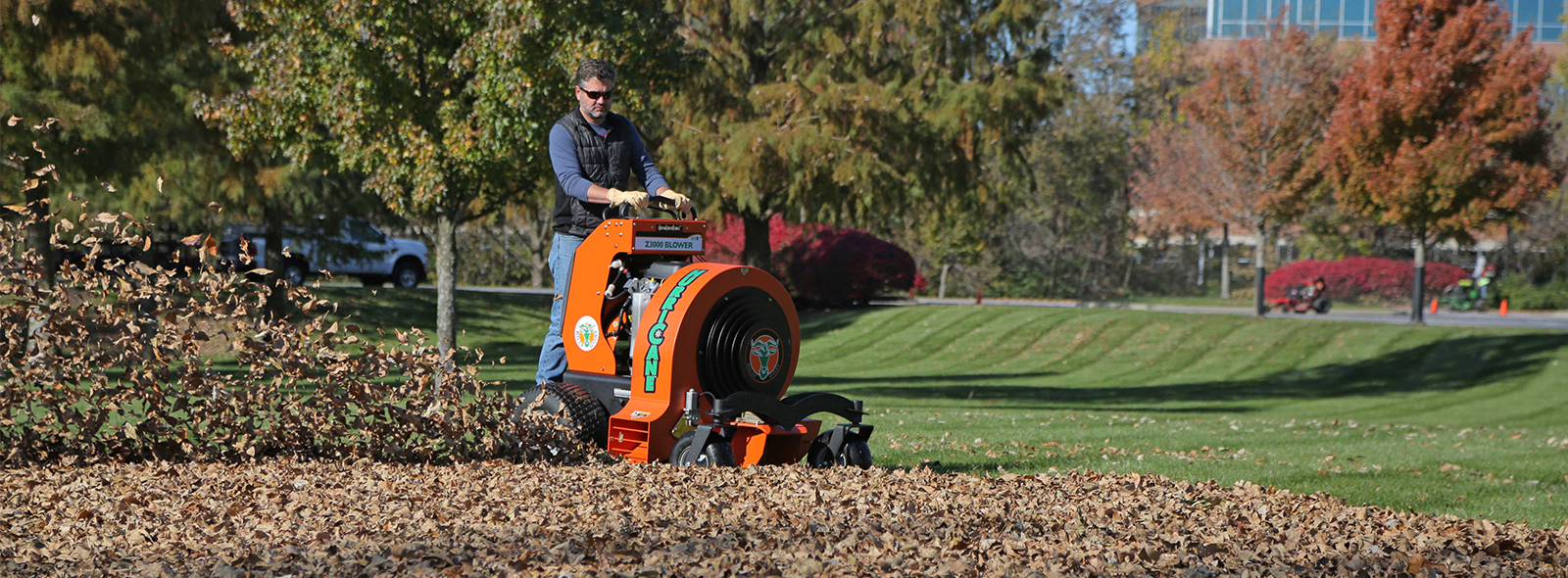 Man on Hurricane Blower with Leaves Blowing